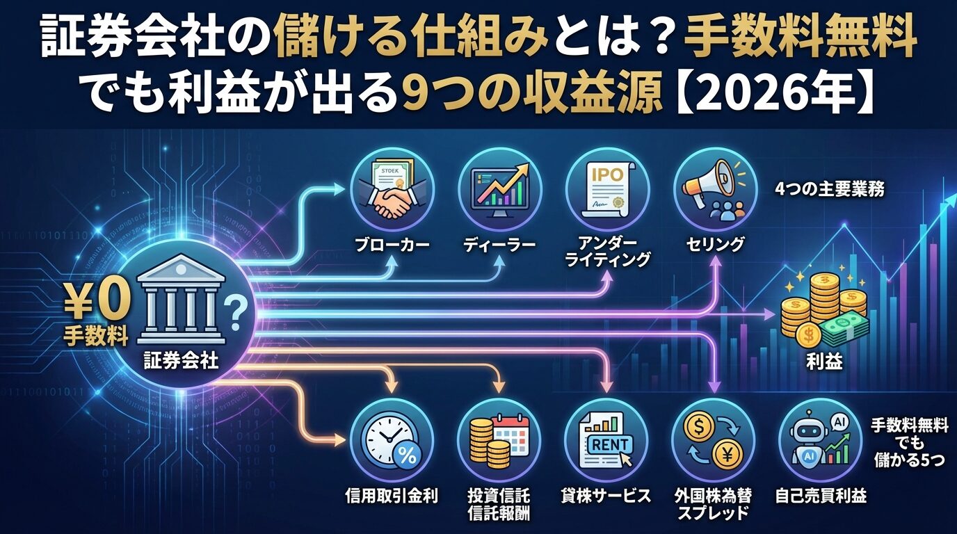 証券会社の儲ける仕組みとは？手数料無料でも利益が出る9つの収益源【2026年】 | 会社設立のミチシルベ