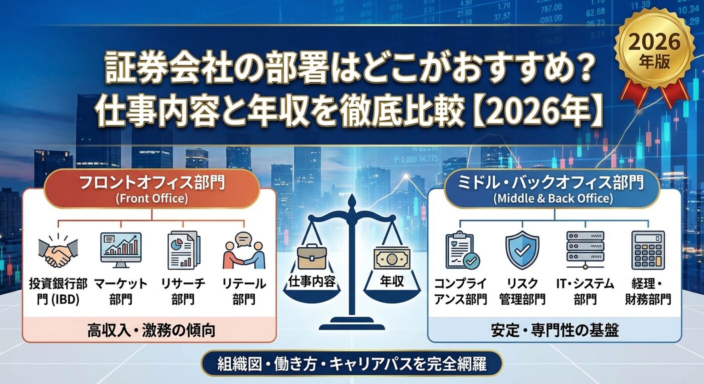 証券会社の部署はどこがおすすめ？仕事内容と年収を徹底比較【2026年】 | 会社設立のミチシルベ