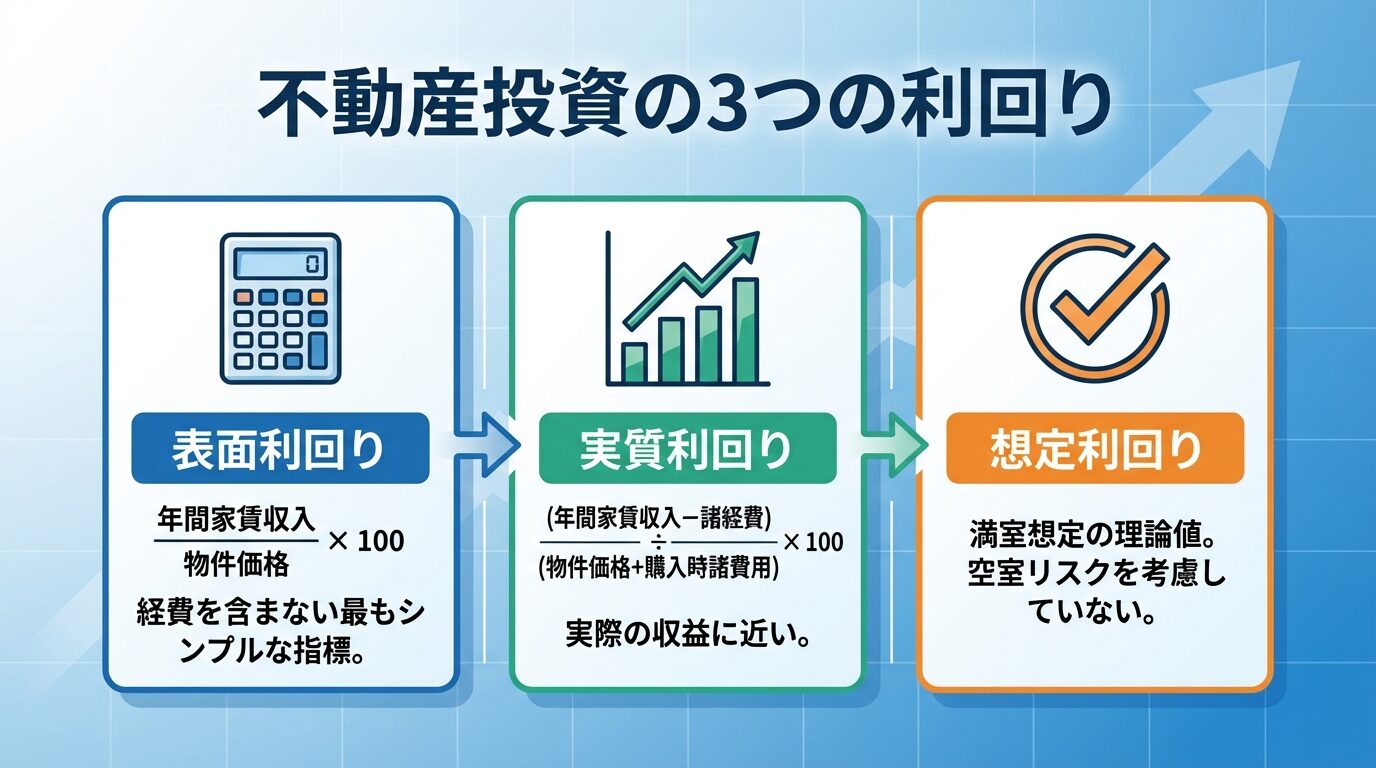 タイトル: 不動産投資の3つの利回り。横並び3カードで: カード1（電卓アイコン）ヘッダー: 表面利回り、説明: 年間家賃収入&divide;物件価格&times;100。経費を含まない最もシンプルな指標。カード2（グラフアイコン）ヘッダー: 実質利回り、説明: (年間家賃収入&minus;諸経費)&divide;(物件価格+購入時諸費用)&times;100。実際の収益に近い。カード3（チェックアイコン）ヘッダー: 想定利回り、説明: 満室想定の理論値。空室リスクを考慮していない