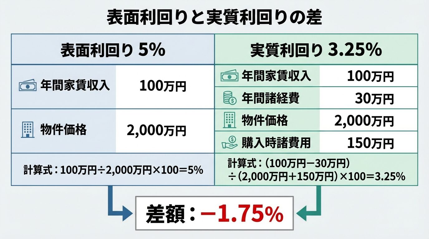 タイトル: 表面利回りと実質利回りの差。2列の比較表: 左列（表面利回り5%）: 年間家賃収入100万円、物件価格2,000万円、計算式: 100万円&divide;2,000万円&times;100=5%。右列（実質利回り3.25%）: 年間家賃収入100万円、年間諸経費30万円、物件価格2,000万円、購入時諸費用150万円、計算式: (100万円&minus;30万円)&divide;(2,000万円+150万円)&times;100=3.25%。差額を赤字で強調: &minus;1.75%
