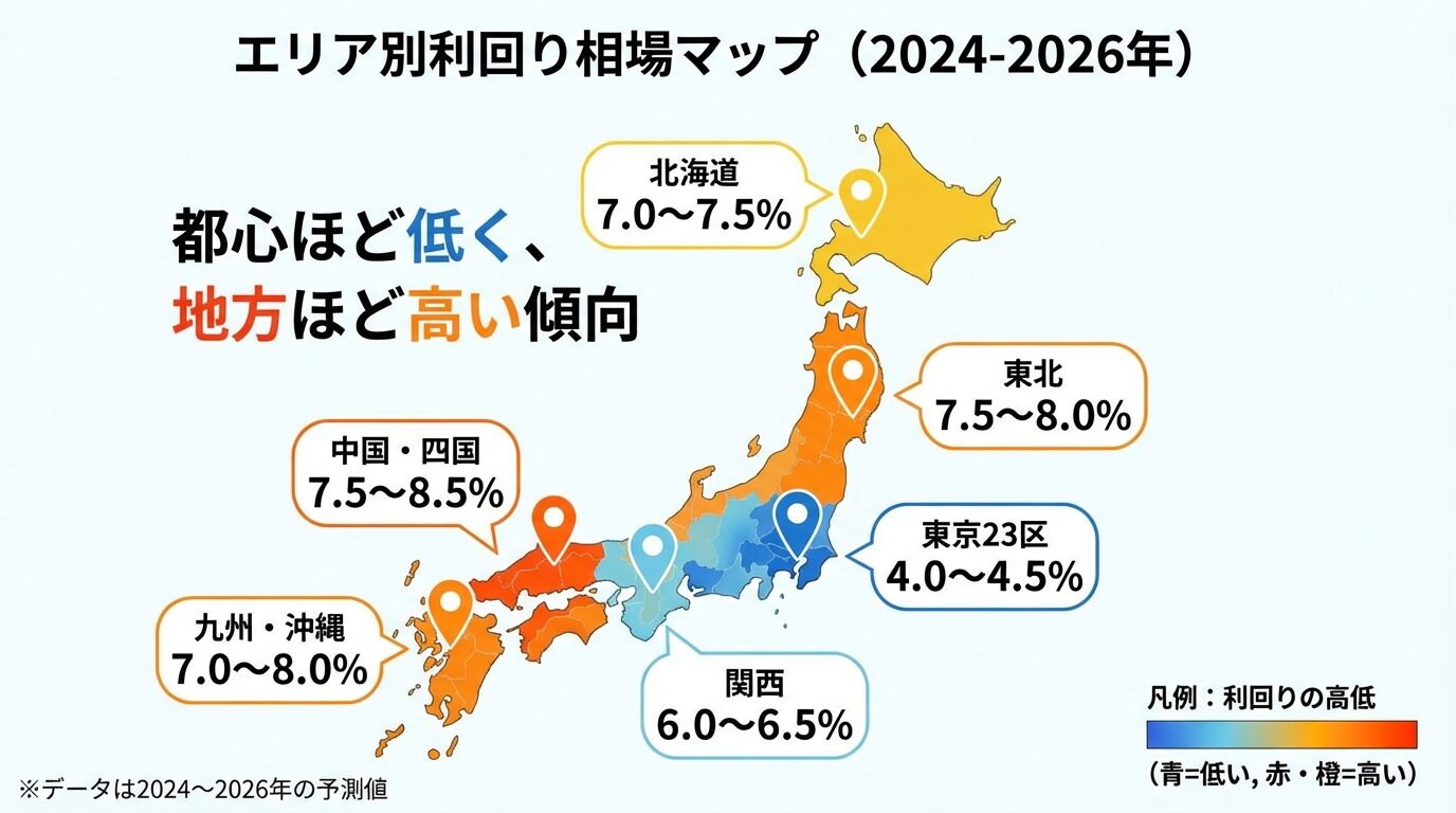 タイトル: エリア別利回り相場マップ（2024-2026年）。日本地図に各エリアの利回りデータを配置: 東京23区（ピン）4.0〜4.5%、関西（ピン）6.0〜6.5%、北海道（ピン）7.0〜7.5%、東北（ピン）7.5〜8.0%、中国・四国（ピン）7.5〜8.5%、九州・沖縄（ピン）7.0〜8.0%。都心ほど低く、地方ほど高い傾向を色分けで表現