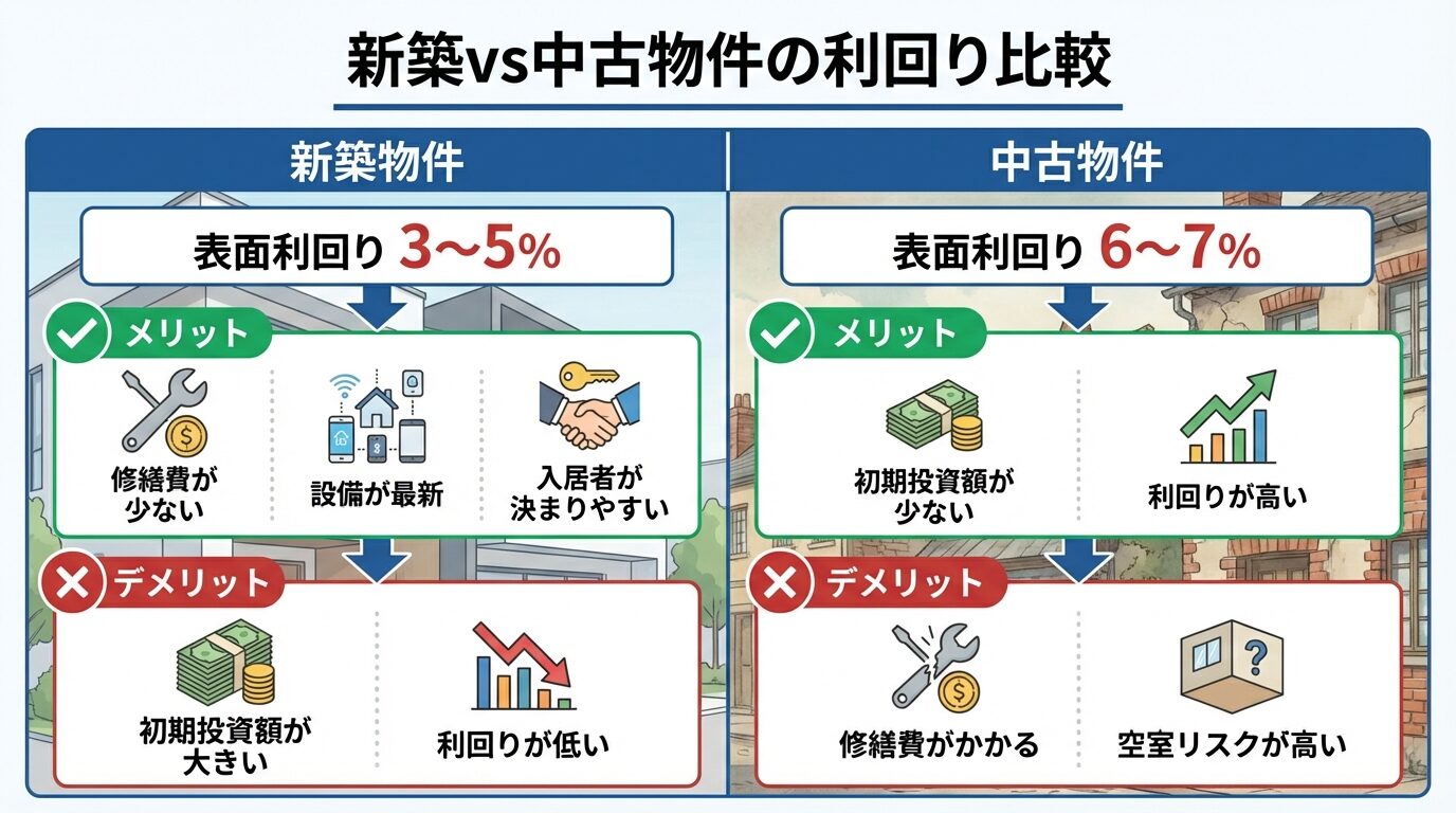 タイトル: 新築vs中古物件の利回り比較。2列の比較表: 左列（新築物件）: 表面利回り3〜5%、メリット: 修繕費が少ない・設備が最新・入居者が決まりやすい、デメリット: 初期投資額が大きい・利回りが低い。右列（中古物件）: 表面利回り6〜7%、メリット: 初期投資額が少ない・利回りが高い、デメリット: 修繕費がかかる・空室リスクが高い