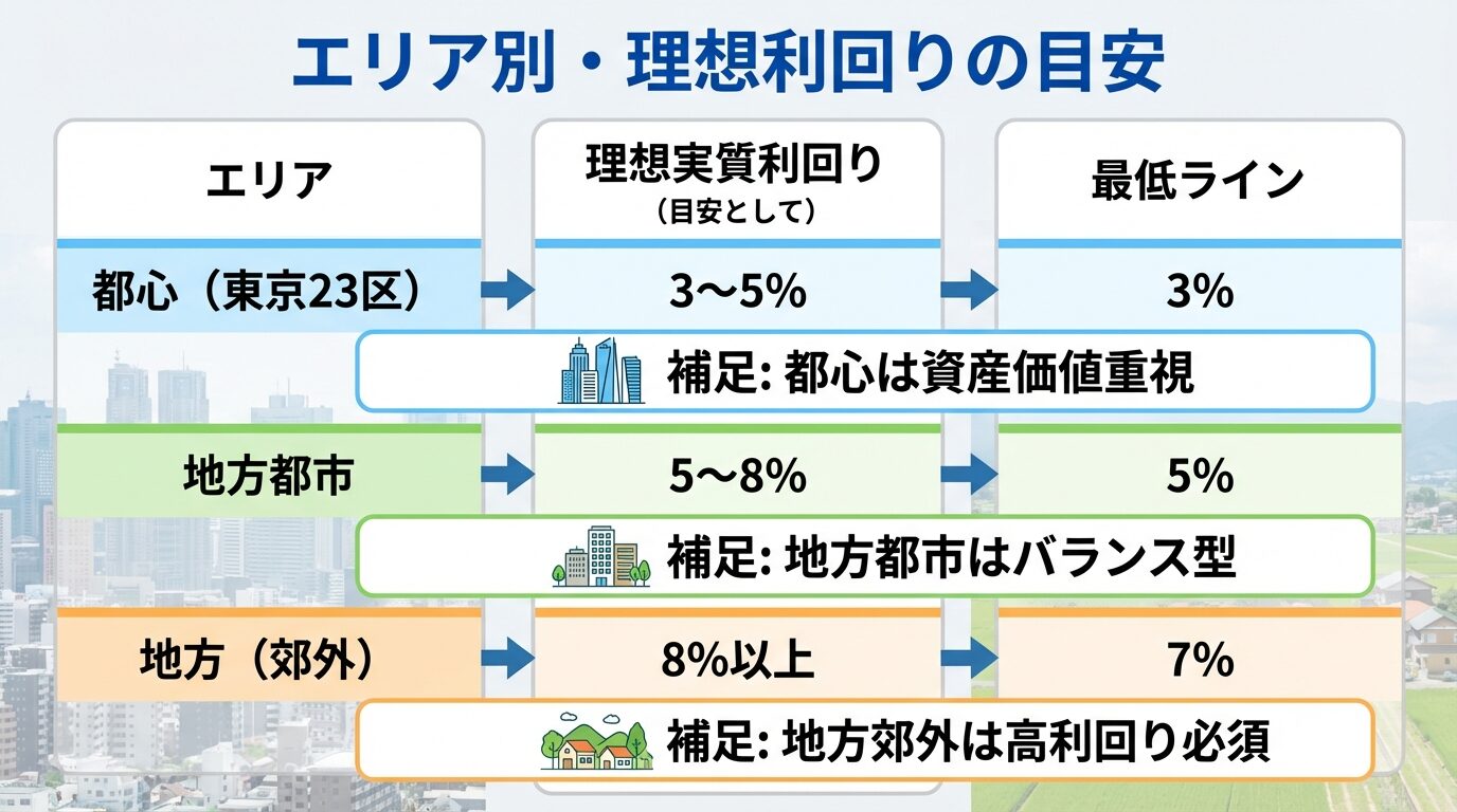 タイトル: エリア別・理想利回りの目安。3列の表: 列1（エリア）: 都心（東京23区）、地方都市、地方（郊外）。列2（理想実質利回り）: 3〜5%、5〜8%、8%以上。列3（最低ライン）: 3%、5%、7%。各行に簡単な補足: 都心は資産価値重視、地方都市はバランス型、地方郊外は高利回り必須