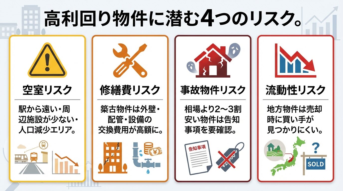 タイトル: 高利回り物件に潜む4つのリスク。縦並び4カードで: カード1（警告アイコン）ヘッダー: 空室リスク、説明: 駅から遠い・周辺施設が少ない・人口減少エリア。カード2（工具アイコン）ヘッダー: 修繕費リスク、説明: 築古物件は外壁・配管・設備の交換費用が高額に。カード3（家アイコン）ヘッダー: 事故物件リスク、説明: 相場より2〜3割安い物件は告知事項を要確認。カード4（グラフ下降アイコン）ヘッダー: 流動性リスク、説明: 地方物件は売却時に買い手が見つかりにくい