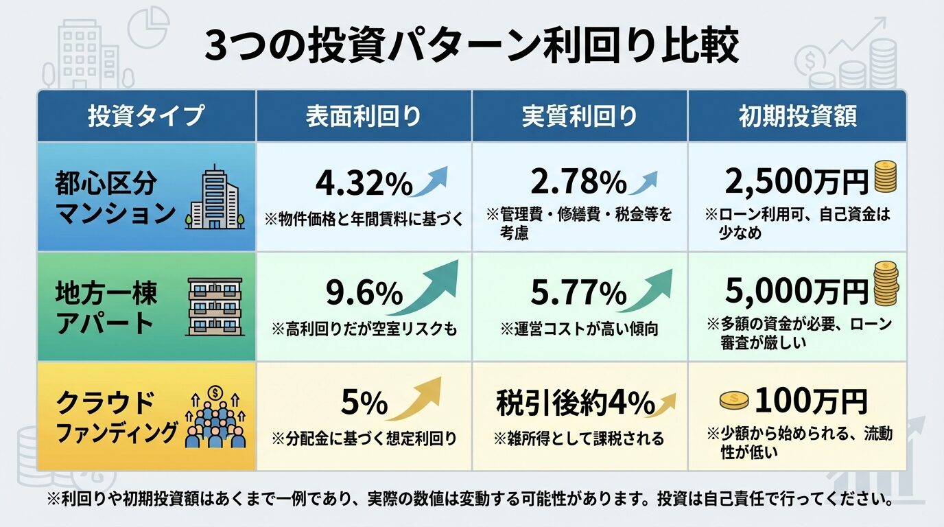 タイトル: 3つの投資パターン利回り比較。3列の表: 列1（投資タイプ）: 都心区分マンション、地方一棟アパート、クラウドファンディング。列2（表面利回り）: 4.32%、9.6%、5%。列3（実質利回り）: 2.78%、5.77%、税引後約4%。列4（初期投資額）: 2,500万円、5,000万円、100万円。各行に簡単な特徴を補足