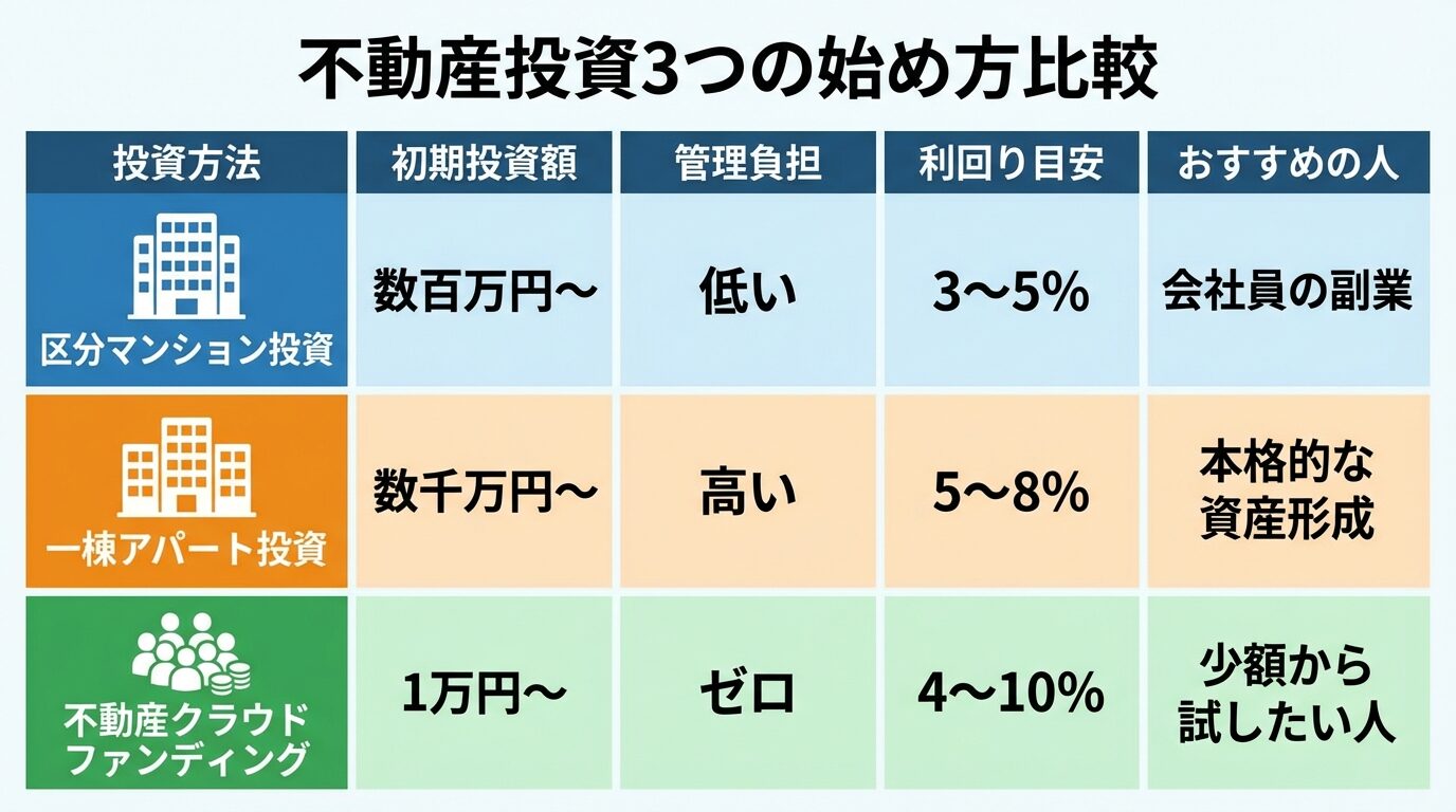 タイトル: 不動産投資3つの始め方比較。3列の表: 列1（投資方法）: 区分マンション投資、一棟アパート投資、不動産クラウドファンディング。列2（初期投資額）: 数百万円〜、数千万円〜、1万円〜。列3（管理負担）: 低い、高い、ゼロ。列4（利回り目安）: 3〜5%、5〜8%、4〜10%。列5（おすすめの人）: 会社員の副業、本格的な資産形成、少額から試したい人