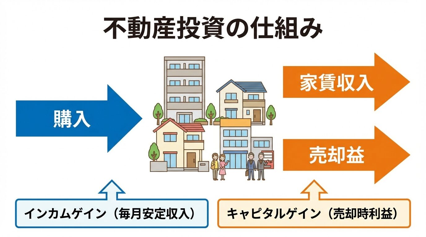 タイトル: 不動産投資の仕組み。中央に不動産物件のイラスト。左側に「購入」の矢印、右側に「家賃収入」「売却益」の2つの矢印。下部に「インカムゲイン（毎月安定収入）」「キャピタルゲイン（売却時利益）」のテキスト