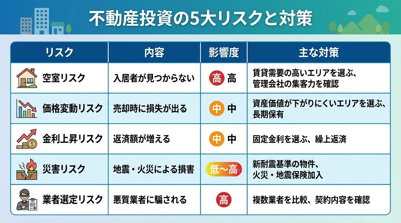 タイトル: 不動産投資の5大リスクと対策。5列の表: ヘッダー行: リスク | 内容 | 影響度 | 主な対策。行1: 空室リスク | 入居者が見つからない | 高 | 賃貸需要の高いエリアを選ぶ、管理会社の集客力を確認。行2: 価格変動リスク | 売却時に損失が出る | 中 | 資産価値が下がりにくいエリアを選ぶ、長期保有。行3: 金利上昇リスク | 返済額が増える | 中 | 固定金利を選ぶ、繰上返済。行4: 災害リスク | 地震・火災による損害 | 低〜高 | 新耐震基準の物件、火災・地震保険加入。行5: 業者選定リスク | 悪質業者に騙される | 高 | 複数業者を比較、契約内容を確認