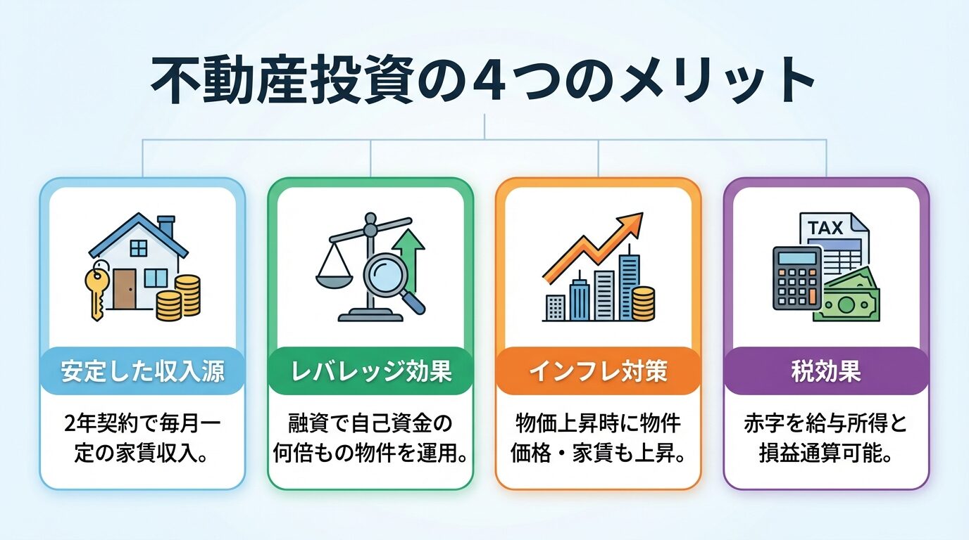 タイトル: 不動産投資の4つのメリット。縦並び4カードで: カード1（安定収入のアイコン）ヘッダー: 安定した収入源、説明: 2年契約で毎月一定の家賃収入。カード2（レバレッジのアイコン）ヘッダー: レバレッジ効果、説明: 融資で自己資金の何倍もの物件を運用。カード3（インフレ対策のアイコン）ヘッダー: インフレ対策、説明: 物価上昇時に物件価格・家賃も上昇。カード4（税効果のアイコン）ヘッダー: 税効果、説明: 赤字を給与所得と損益通算可能
