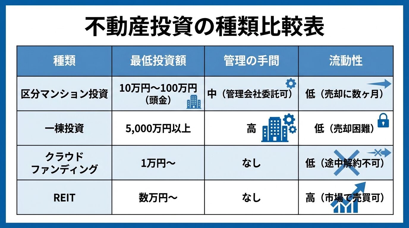 タイトル: 不動産投資の種類比較表。4列の表: ヘッダー行: 種類 | 最低投資額 | 管理の手間 | 流動性。行1: 区分マンション投資 | 10万円〜100万円（頭金） | 中（管理会社委託可） | 低（売却に数ヶ月）。行2: 一棟投資 | 5,000万円以上 | 高 | 低（売却困難）。行3: クラウドファンディング | 1万円〜 | なし | 低（途中解約不可）。行4: REIT | 数万円〜 | なし | 高（市場で売買可）