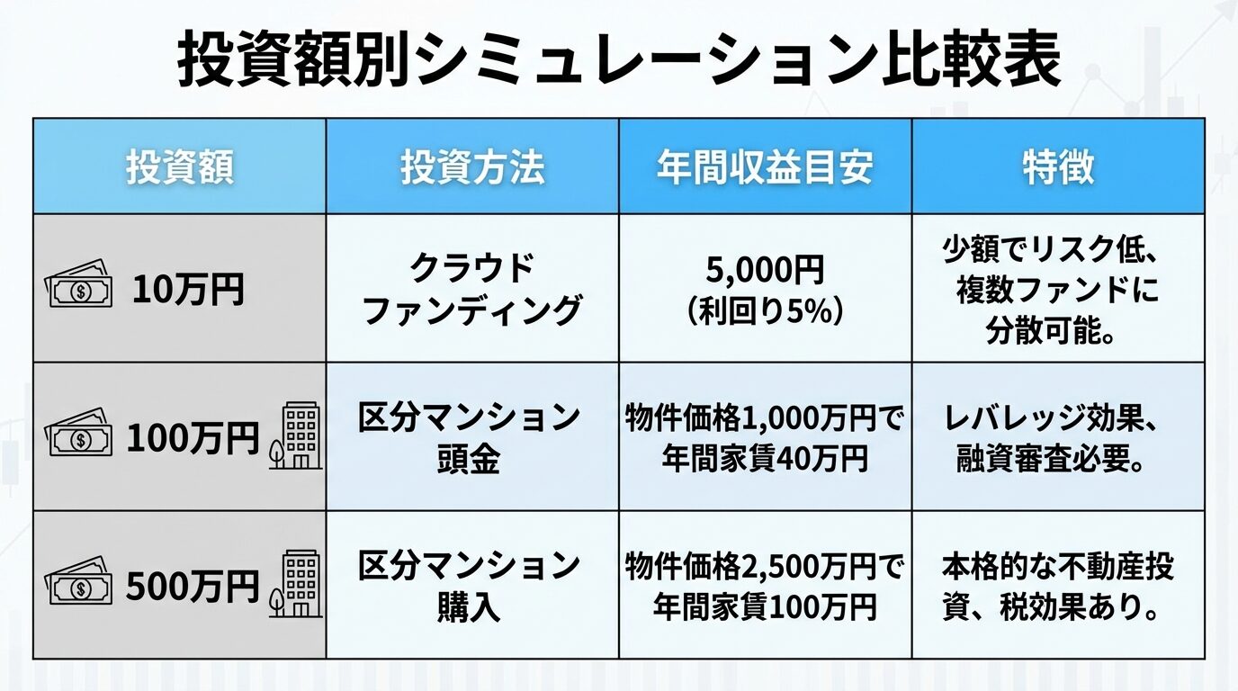 タイトル: 投資額別シミュレーション比較表。3列の表: ヘッダー行: 投資額 | 投資方法 | 年間収益目安 | 特徴。行1: 10万円 | クラウドファンディング | 5,000円（利回り5%） | 少額でリスク低、複数ファンドに分散可能。行2: 100万円 | 区分マンション頭金 | 物件価格1,000万円で年間家賃40万円 | レバレッジ効果、融資審査必要。行3: 500万円 | 区分マンション購入 | 物件価格2,500万円で年間家賃100万円 | 本格的な不動産投資、税効果あり
