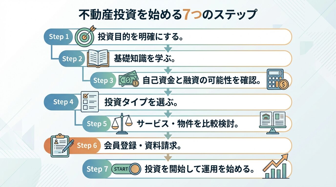 タイトル: 不動産投資を始める7つのステップ。縦並びフロー図で: ステップ1（目標のアイコン）投資目的を明確にする。&darr; ステップ2（本のアイコン）基礎知識を学ぶ。&darr; ステップ3（計算機のアイコン）自己資金と融資の可能性を確認。&darr; ステップ4（選択のアイコン）投資タイプを選ぶ。&darr; ステップ5（比較のアイコン）サービス・物件を比較検討。&darr; ステップ6（登録のアイコン）会員登録・資料請求。&darr; ステップ7（スタートのアイコン）投資を開始して運用を始める
