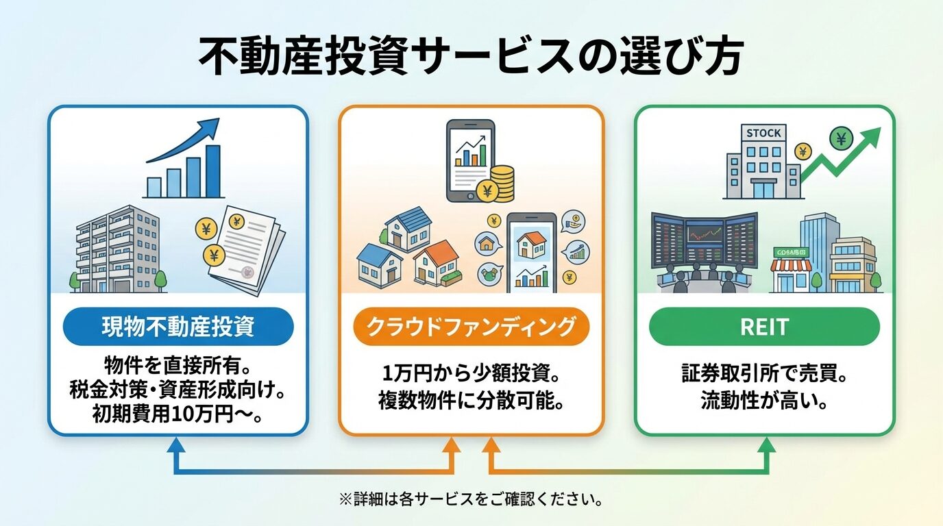 タイトル: 不動産投資サービスの選び方。横並び3カードで: カード1（グラフアイコン）ヘッダー: 現物不動産投資、説明: 物件を直接所有。税金対策・資産形成向け。初期費用10万円〜。カード2（スマホアイコン）ヘッダー: クラウドファンディング、説明: 1万円から少額投資。複数物件に分散可能。カード3（ビルアイコン）ヘッダー: REIT、説明: 証券取引所で売買。流動性が高い