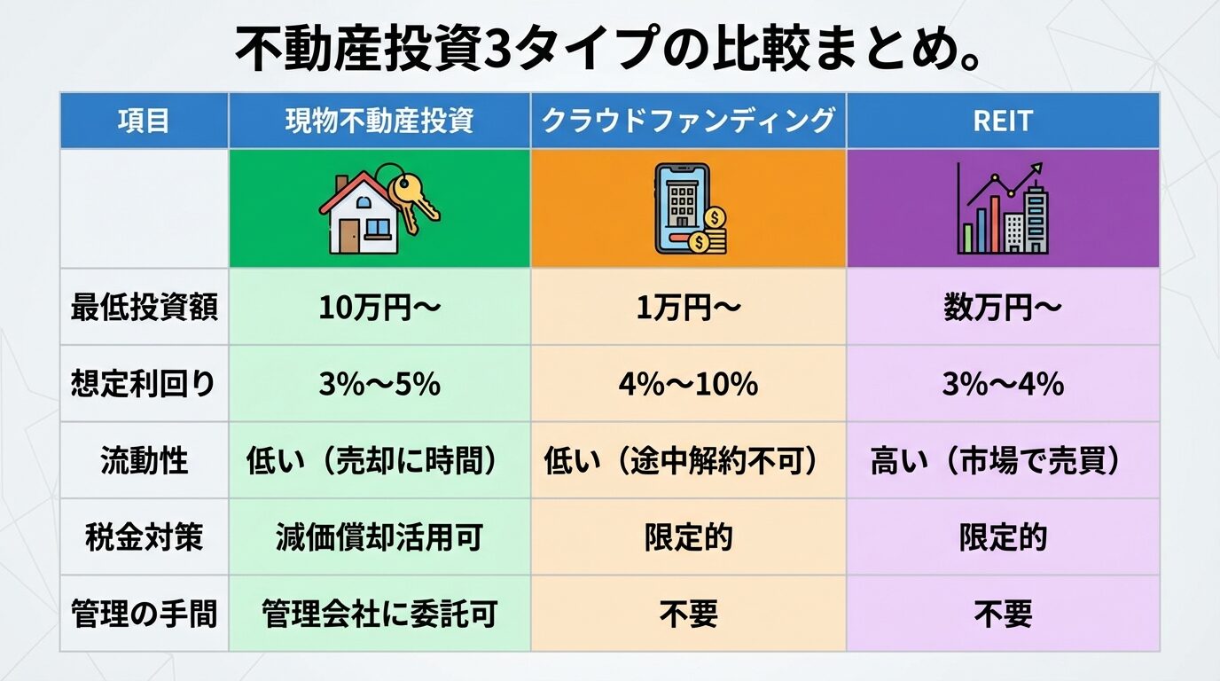 タイトル: 不動産投資3タイプの比較まとめ。3列の表: ヘッダー行: 項目 | 現物不動産投資 | クラウドファンディング | REIT。行1: 最低投資額 | 10万円〜 | 1万円〜 | 数万円〜。行2: 想定利回り | 3%〜5% | 4%〜10% | 3%〜4%。行3: 流動性 | 低い（売却に時間） | 低い（途中解約不可） | 高い（市場で売買）。行4: 税金対策 | 減価償却活用可 | 限定的 | 限定的。行5: 管理の手間 | 管理会社に委託可 | 不要 | 不要