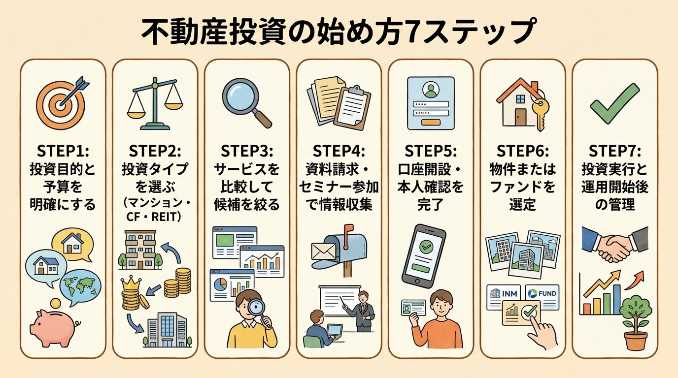 タイトル: 不動産投資の始め方7ステップ。縦並び7カードで: カード1（目標アイコン）STEP1: 投資目的と予算を明確にする。カード2（比較アイコン）STEP2: 投資タイプを選ぶ（マンション・CF・REIT）。カード3（虫眼鏡アイコン）STEP3: サービスを比較して候補を絞る。カード4（資料アイコン）STEP4: 資料請求・セミナー参加で情報収集。カード5（登録アイコン）STEP5: 口座開設・本人確認を完了。カード6（物件アイコン）STEP6: 物件またはファンドを選定。カード7（チェックアイコン）STEP7: 投資実行と運用開始後の管理