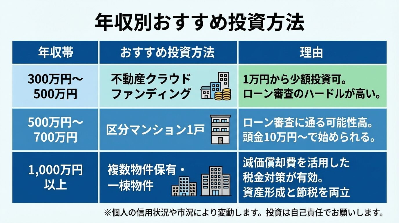 タイトル: 年収別おすすめ投資方法。3列の表: ヘッダー行: 年収帯 | おすすめ投資方法 | 理由。行1: 300万円〜500万円 | 不動産クラウドファンディング | 1万円から少額投資可。ローン審査のハードルが高い。行2: 500万円〜700万円 | 区分マンション1戸 | ローン審査に通る可能性高。頭金10万円〜で始められる。行3: 1,000万円以上 | 複数物件保有・一棟物件 | 減価償却費を活用した税金対策が有効。資産形成と節税を両立