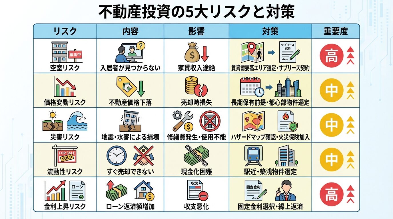 タイトル: 不動産投資の5大リスクと対策。5列の表: ヘッダー行: リスク | 内容 | 影響 | 対策 | 重要度。行1: 空室リスク | 入居者が見つからない | 家賃収入途絶 | 賃貸需要高エリア選定・サブリース契約 | 高。行2: 価格変動リスク | 不動産価格下落 | 売却時損失 | 長期保有前提・都心部物件選定 | 中。行3: 災害リスク | 地震・水害による損壊 | 修繕費発生・使用不能 | ハザードマップ確認・火災保険加入 | 中。行4: 流動性リスク | すぐ売却できない | 現金化困難 | 駅近・築浅物件選定 | 中。行5: 金利上昇リスク | ローン返済額増加 | 収支悪化 | 固定金利選択・繰上返済 | 高