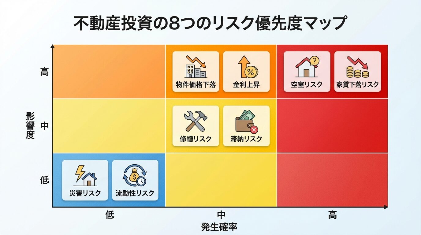 タイトル: 不動産投資の8つのリスク優先度マップ。縦軸が影響度（高・中・低）、横軸が発生確率（高・中・低）の2軸マトリクス。高影響&times;高確率エリアに「空室リスク」「家賃下落リスク」を赤色で配置。高影響&times;中確率エリアに「物件価格下落」「金利上昇」を橙色で配置。中影響&times;中確率エリアに「修繕リスク」「滞納リスク」を黄色で配置。低影響&times;低確率エリアに「災害リスク」「流動性リスク」を青色で配置。各リスク名の横にアイコン（空室は空き家マーク、家賃下落は下矢印、災害は雷マーク等）を付ける