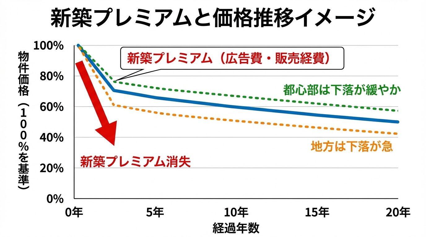 タイトル: 新築プレミアムと価格推移イメージ。横軸が経過年数（0年・5年・10年・15年・20年）、縦軸が物件価格（100%を基準）の折れ線グラフ。新築時を100%として、中古1年目で70-80%に急落（新築プレミアム消失）を赤い下矢印で強調。その後は緩やかな下落曲線を描き、10年目で60-70%、20年目で50-60%程度に。グラフ上部に「新築プレミアム（広告費・販売経費）」の注釈を付ける。グラフ下部に「都心部は下落が緩やか」「地方は下落が急」の2本の曲線を点線で追加
