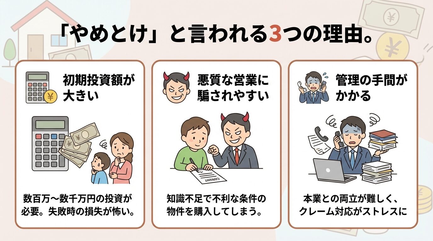 タイトル: 「やめとけ」と言われる3つの理由。横並び3カードのイラスト。カード1（電卓と札束のアイコン）ヘッダー: 初期投資額が大きい、説明: 数百万〜数千万円の投資が必要。失敗時の損失が怖い。カード2（悪徳業者の顔アイコン）ヘッダー: 悪質な営業に騙されやすい、説明: 知識不足で不利な条件の物件を購入してしまう。カード3（忙しいサラリーマンのアイコン）ヘッダー: 管理の手間がかかる、説明: 本業との両立が難しく、クレーム対応がストレスに