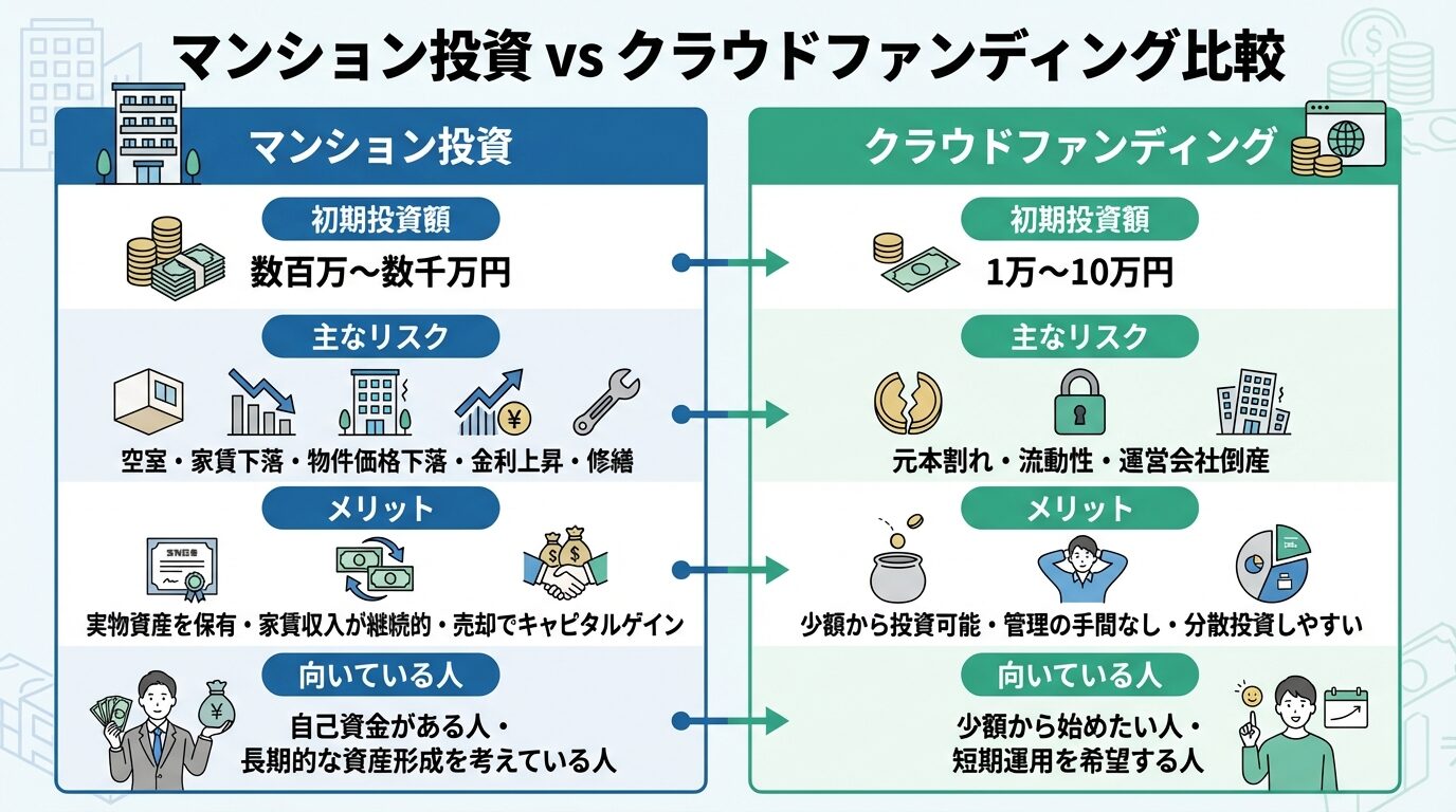 タイトル: マンション投資 vs クラウドファンディング比較。左右2列の比較表。左列ヘッダー: マンション投資（ビルのアイコン）。項目1: 初期投資額 数百万〜数千万円。項目2: 主なリスク 空室・家賃下落・物件価格下落・金利上昇・修繕。項目3: メリット 実物資産を保有・家賃収入が継続的・売却でキャピタルゲイン。項目4: 向いている人 自己資金がある人・長期的な資産形成を考えている人。右列ヘッダー: クラウドファンディング（コインのアイコン）。項目1: 初期投資額 1万〜10万円。項目2: 主なリスク 元本割れ・流動性・運営会社倒産。項目3: メリット 少額から投資可能・管理の手間なし・分散投資しやすい。項目4: 向いている人 少額から始めたい人・短期運用を希望する人