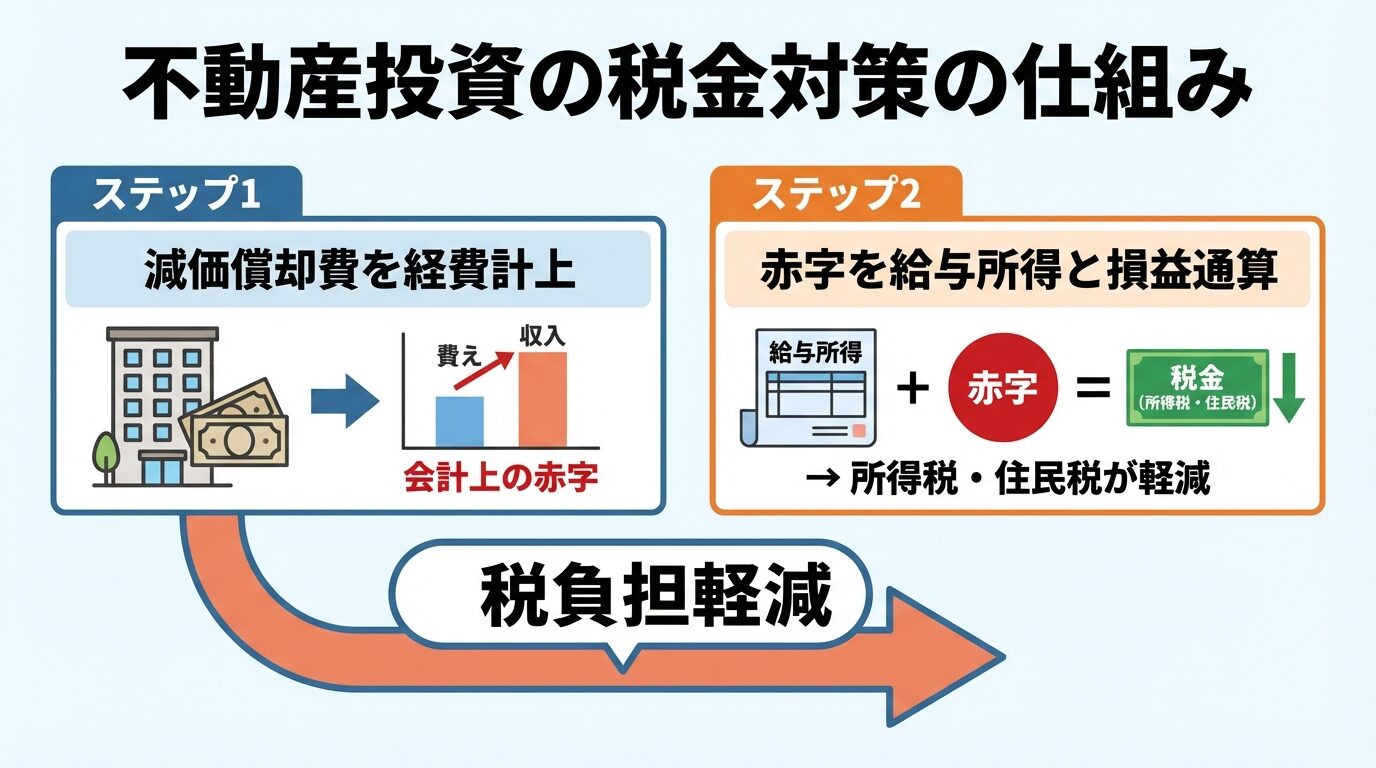 タイトル: 不動産投資の税金対策の仕組み。2つのステップを矢印でつなぐフロー図: ステップ1(左側のボックス): 減価償却費を経費計上→会計上の赤字を作る。ステップ2(右側のボックス): 赤字を給与所得と損益通算→所得税・住民税が軽減。中央に大きな矢印で「税負担軽減」と表示