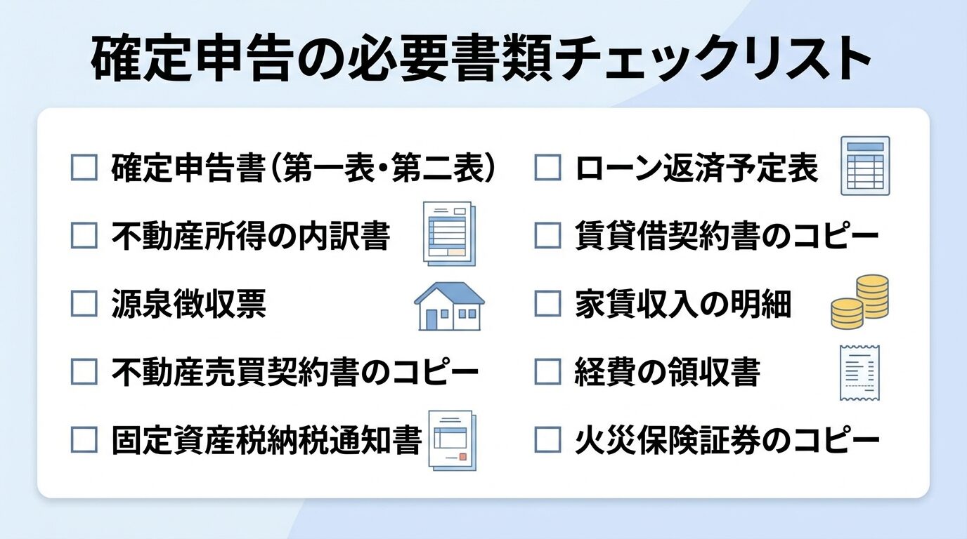 タイトル: 確定申告の必要書類チェックリスト。チェックボックス付きリスト形式: □ 確定申告書(第一表・第二表)、□ 不動産所得の内訳書、□ 源泉徴収票、□ 不動産売買契約書のコピー、□ 固定資産税納税通知書、□ ローン返済予定表、□ 賃貸借契約書のコピー、□ 家賃収入の明細、□ 経費の領収書、□ 火災保険証券のコピー