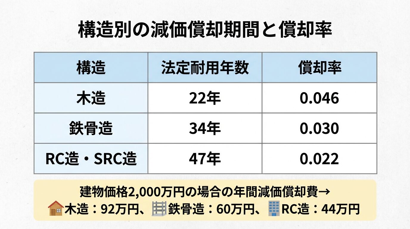 タイトル: 構造別の減価償却期間と償却率。3列の表: ヘッダー行: 構造 | 法定耐用年数 | 償却率。行1: 木造 | 22年 | 0.046。行2: 鉄骨造 | 34年 | 0.030。行3: RC造・SRC造 | 47年 | 0.022。表の下に補足テキスト: 建物価格2,000万円の場合の年間減価償却費→木造: 92万円、鉄骨造: 60万円、RC造: 44万円