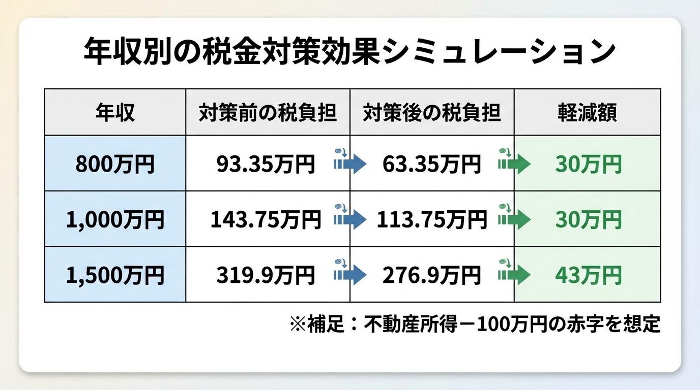 タイトル: 年収別の税金対策効果シミュレーション。3列の表: ヘッダー行: 年収 | 対策前の税負担 | 対策後の税負担 | 軽減額。行1: 800万円 | 93.35万円 | 63.35万円 | 30万円。行2: 1,000万円 | 143.75万円 | 113.75万円 | 30万円。行3: 1,500万円 | 319.9万円 | 276.9万円 | 43万円。表の下に補足: 不動産所得−100万円の赤字を想定