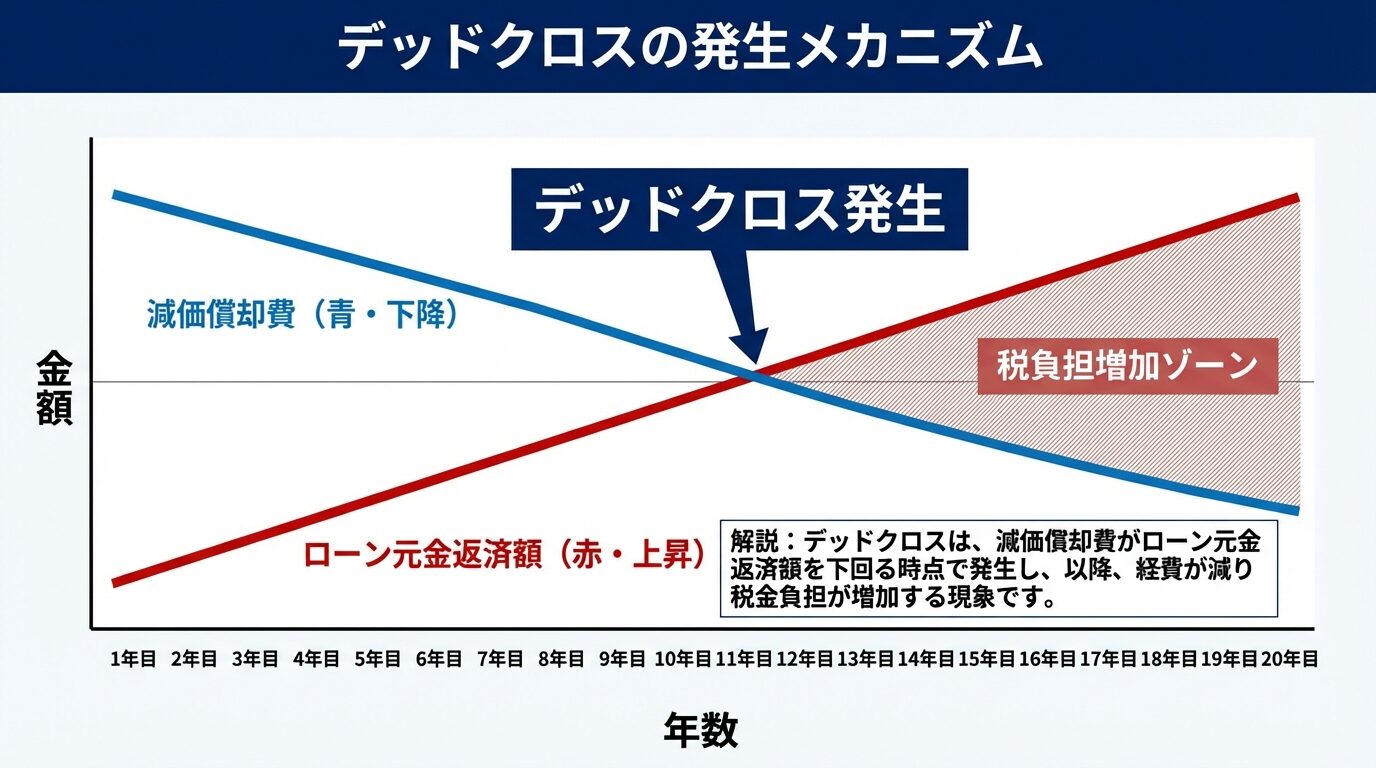 タイトル: デッドクロスの発生メカニズム。時系列の折れ線グラフ: 横軸: 年数(1年目〜20年目)、縦軸: 金額。2本の折れ線: 線1(青・下降): 減価償却費(初年度高く徐々に減少)、線2(赤・上昇): ローン元金返済額(初年度低く徐々に増加)。2本の線が交差する点に「デッドクロス発生」とラベル。交差点以降のエリアに「税負担増加ゾーン」と表示