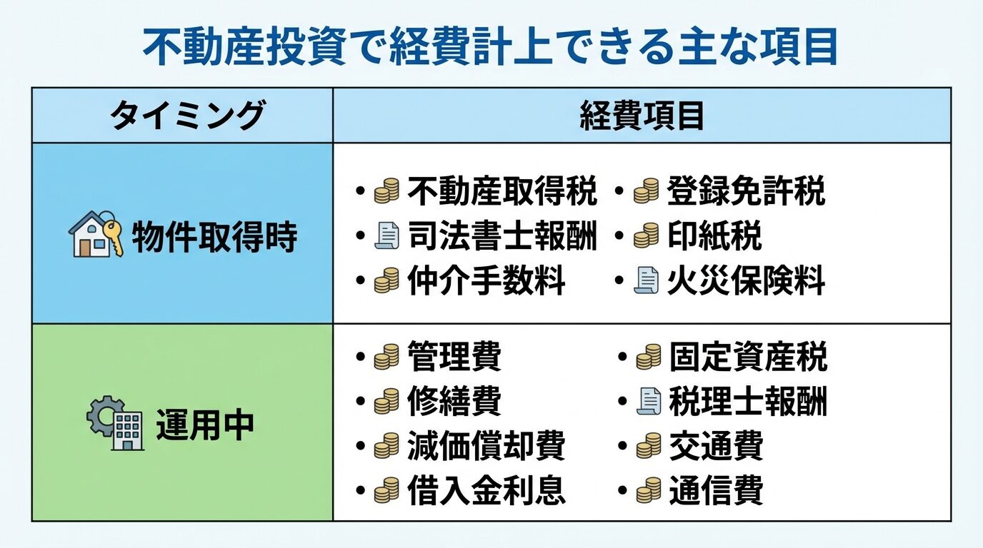 タイトル: 不動産投資で経費計上できる主な項目。2列の表: ヘッダー行: タイミング | 経費項目。行1: 物件取得時 | 不動産取得税、登録免許税、司法書士報酬、印紙税、仲介手数料、火災保険料。行2: 運用中 | 管理費、修繕費、減価償却費、借入金利息、固定資産税、税理士報酬、交通費、通信費
