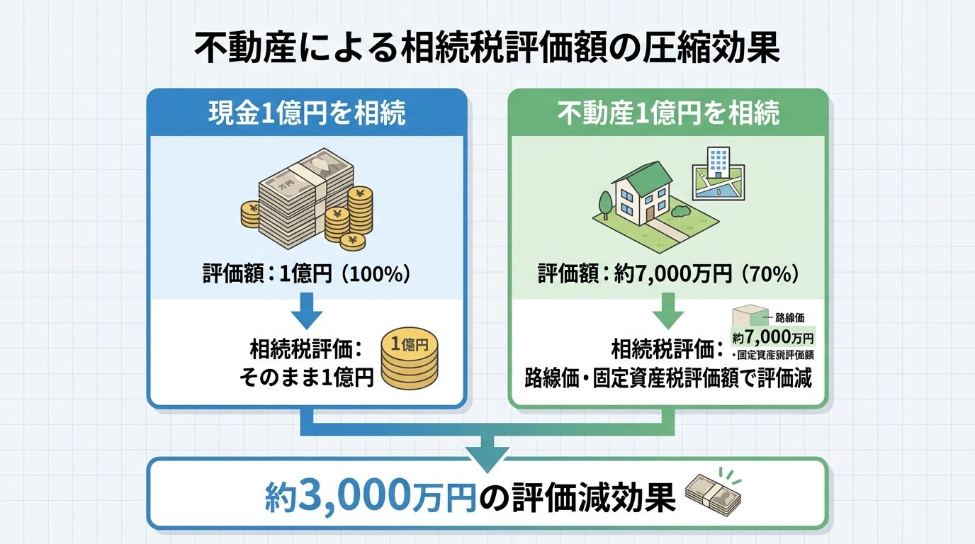 タイトル: 不動産による相続税評価額の圧縮効果。横並び2カードで対比: カード1(左側): ヘッダー: 現金1億円を相続、評価額: 1億円(100%)、相続税評価: そのまま1億円。カード2(右側): ヘッダー: 不動産1億円を相続、評価額: 約7,000万円(70%)、相続税評価: 路線価・固定資産税評価額で評価減。下に矢印で「約3,000万円の評価減効果」と表示