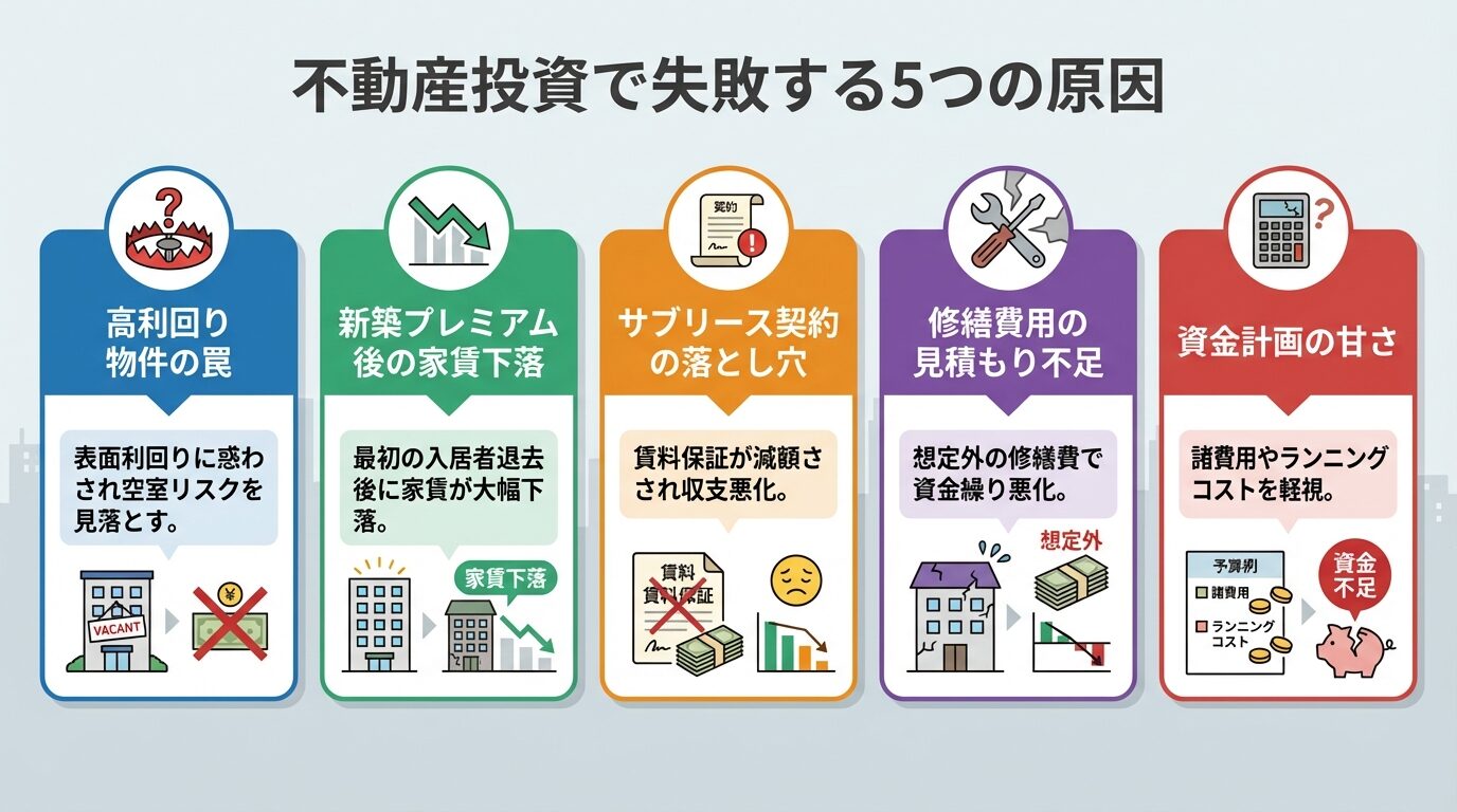 タイトル: 不動産投資で失敗する5つの原因。横並び5カードで: カード1（罠のアイコン）ヘッダー: 高利回り物件の罠、説明: 表面利回りに惑わされ空室リスクを見落とす。カード2（下矢印アイコン）ヘッダー: 新築プレミアム後の家賃下落、説明: 最初の入居者退去後に家賃が大幅下落。カード3（契約書アイコン）ヘッダー: サブリース契約の落とし穴、説明: 賃料保証が減額され収支悪化。カード4（工具アイコン）ヘッダー: 修繕費用の見積もり不足、説明: 想定外の修繕費で資金繰り悪化。カード5（計算機アイコン）ヘッダー: 資金計画の甘さ、説明: 諸費用やランニングコストを軽視
