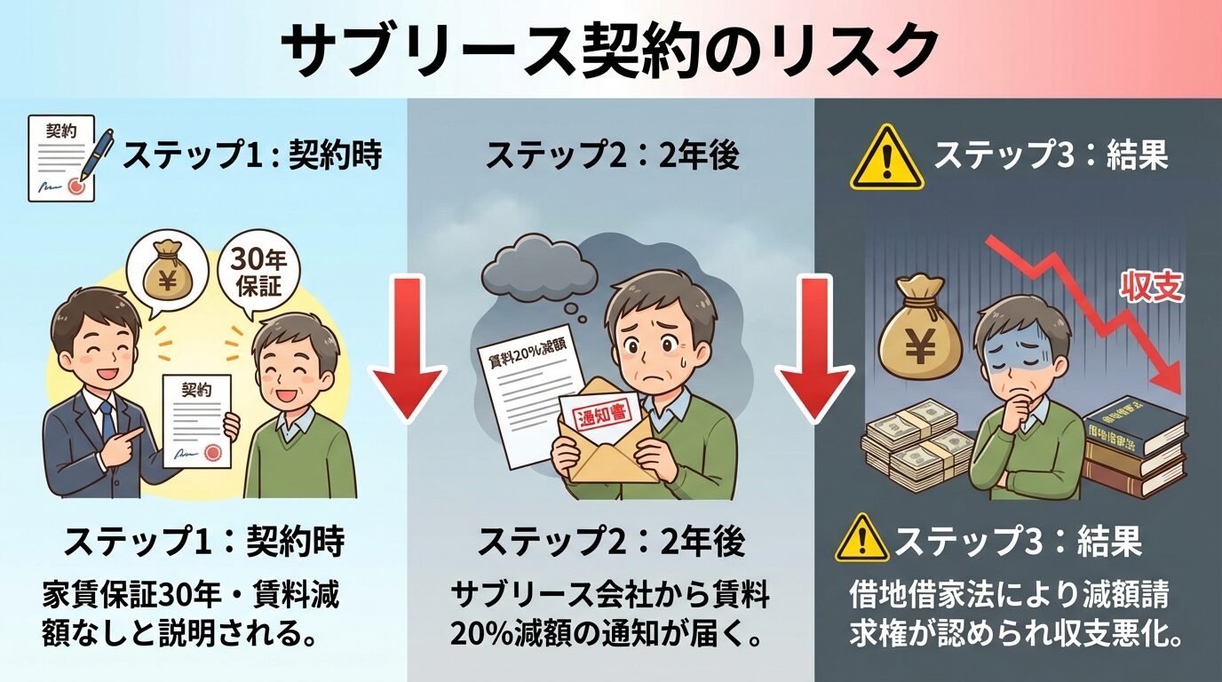 タイトル: サブリース契約のリスク。縦並び3ステップで: ステップ1（契約書アイコン）契約時: 家賃保証30年・賃料減額なしと説明される。ステップ2（下矢印アイコン）2年後: サブリース会社から賃料20%減額の通知が届く。ステップ3（警告アイコン）結果: 借地借家法により減額請求権が認められ収支悪化