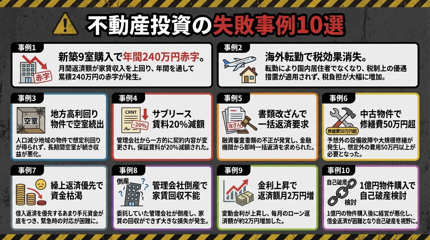 タイトル: 不動産投資の失敗事例10選。2列5行のグリッドで: 事例1（赤字アイコン）新築9室購入で年間240万円赤字。事例2（飛行機アイコン）海外転勤で税効果消失。事例3（空室アイコン）地方高利回り物件で空室続出。事例4（契約書アイコン）サブリース賃料20%減額。事例5（書類アイコン）書類改ざんで一括返済要求。事例6（工具アイコン）中古物件で修繕費50万円超。事例7（お金アイコン）繰上返済優先で資金枯渇。事例8（倒産アイコン）管理会社倒産で家賃回収不能。事例9（グラフアイコン）金利上昇で返済額月2万円増。事例10（借金アイコン）1億円物件購入で自己破産検討