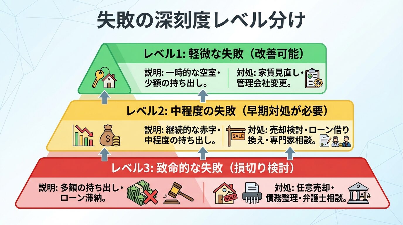 タイトル: 失敗の深刻度レベル分け。3段階のピラミッド図で: 最上段（緑色）レベル1: 軽微な失敗（改善可能）、説明: 一時的な空室・少額の持ち出し。対処: 家賃見直し・管理会社変更。中段（黄色）レベル2: 中程度の失敗（早期対処が必要）、説明: 継続的な赤字・中程度の持ち出し。対処: 売却検討・ローン借り換え・専門家相談。最下段（赤色）レベル3: 致命的な失敗（損切り検討）、説明: 多額の持ち出し・ローン滞納。対処: 任意売却・債務整理・弁護士相談