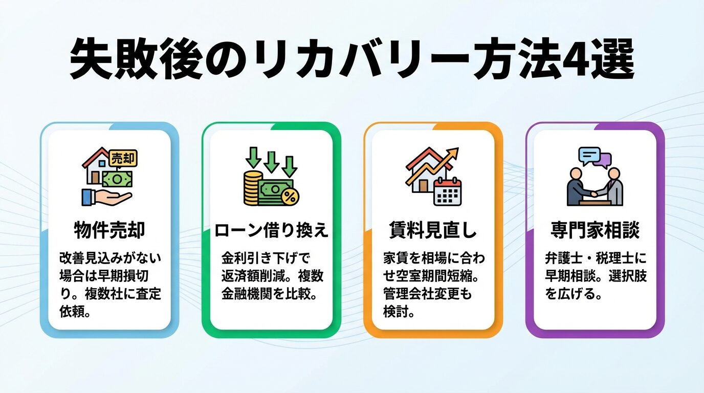 タイトル: 失敗後のリカバリー方法4選。横並び4カードで: カード1（売却アイコン）物件売却、説明: 改善見込みがない場合は早期損切り。複数社に査定依頼。カード2（お金アイコン）ローン借り換え、説明: 金利引き下げで返済額削減。複数金融機関を比較。カード3（家アイコン）賃料見直し、説明: 家賃を相場に合わせ空室期間短縮。管理会社変更も検討。カード4（相談アイコン）専門家相談、説明: 弁護士・税理士に早期相談。選択肢を広げる