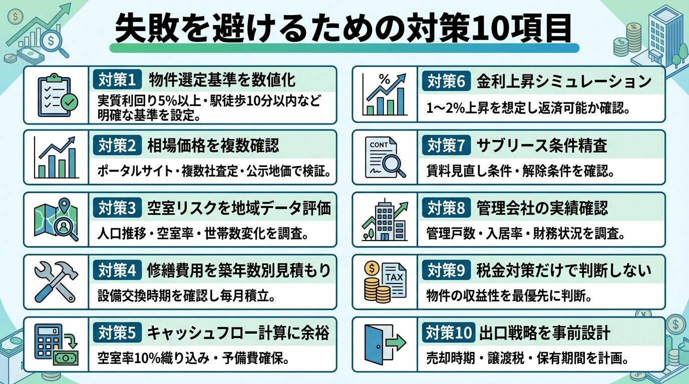 タイトル: 失敗を避けるための対策10項目。2列5行のグリッドで: 対策1（チェックリストアイコン）物件選定基準を数値化、説明: 実質利回り5%以上・駅徒歩10分以内など明確な基準を設定。対策2（グラフアイコン）相場価格を複数確認、説明: ポータルサイト・複数社査定・公示地価で検証。対策3（地図アイコン）空室リスクを地域データ評価、説明: 人口推移・空室率・世帯数変化を調査。対策4（工具アイコン）修繕費用を築年数別見積もり、説明: 設備交換時期を確認し毎月積立。対策5（計算機アイコン）キャッシュフロー計算に余裕、説明: 空室率10%織り込み・予備費確保。対策6（金利アイコン）金利上昇シミュレーション、説明: 1〜2%上昇を想定し返済可能か確認。対策7（契約書アイコン）サブリース条件精査、説明: 賃料見直し条件・解除条件を確認。対策8（ビルアイコン）管理会社の実績確認、説明: 管理戸数・入居率・財務状況を調査。対策9（税金アイコン）税金対策だけで判断しない、説明: 物件の収益性を最優先に判断。対策10（出口アイコン）出口戦略を事前設計、説明: 売却時期・譲渡税・保有期間を計画
