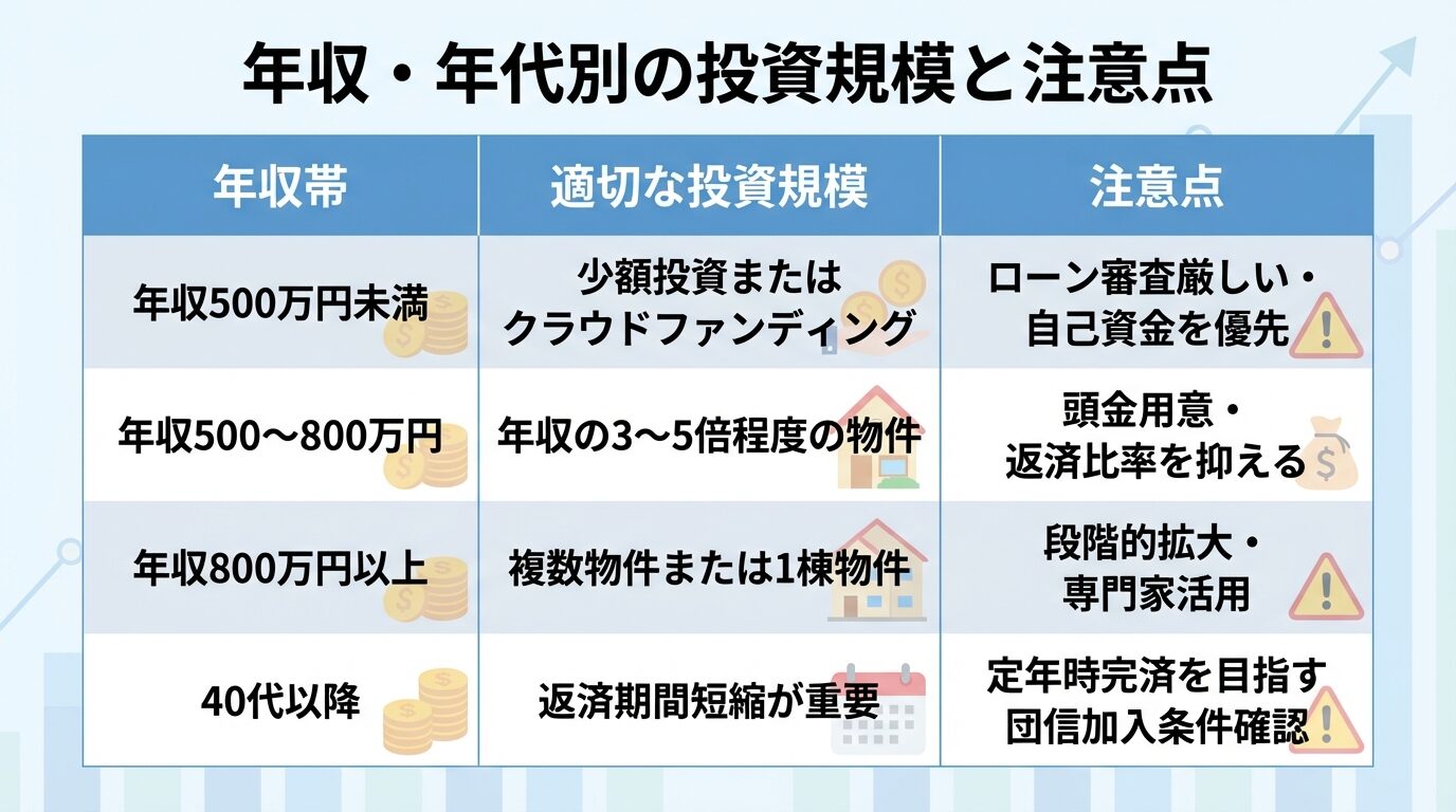 タイトル: 年収・年代別の投資規模と注意点。3列の表で: ヘッダー行: 年収帯 | 適切な投資規模 | 注意点。行1: 年収500万円未満 | 少額投資またはクラウドファンディング | ローン審査厳しい・自己資金を優先。行2: 年収500〜800万円 | 年収の3〜5倍程度の物件 | 頭金用意・返済比率を抑える。行3: 年収800万円以上 | 複数物件または1棟物件 | 段階的拡大・専門家活用。行4: 40代以降 | 返済期間短縮が重要 | 定年時完済を目指す・団信加入条件確認
