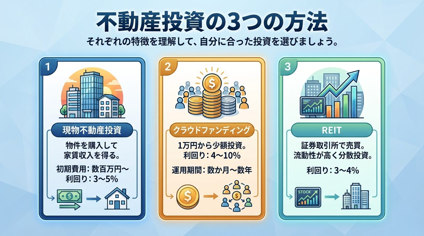 タイトル: 不動産投資の3つの方法。横並び3カードで: カード1（ビルのアイコン）ヘッダー: 現物不動産投資、説明: 物件を購入して家賃収入を得る。初期費用: 数百万円〜、利回り: 3〜5%。カード2（コインのアイコン）ヘッダー: クラウドファンディング、説明: 1万円から少額投資。利回り: 4〜10%、運用期間: 数か月〜数年。カード3（グラフのアイコン）ヘッダー: REIT、説明: 証券取引所で売買。流動性が高く分散投資。利回り: 3〜4%