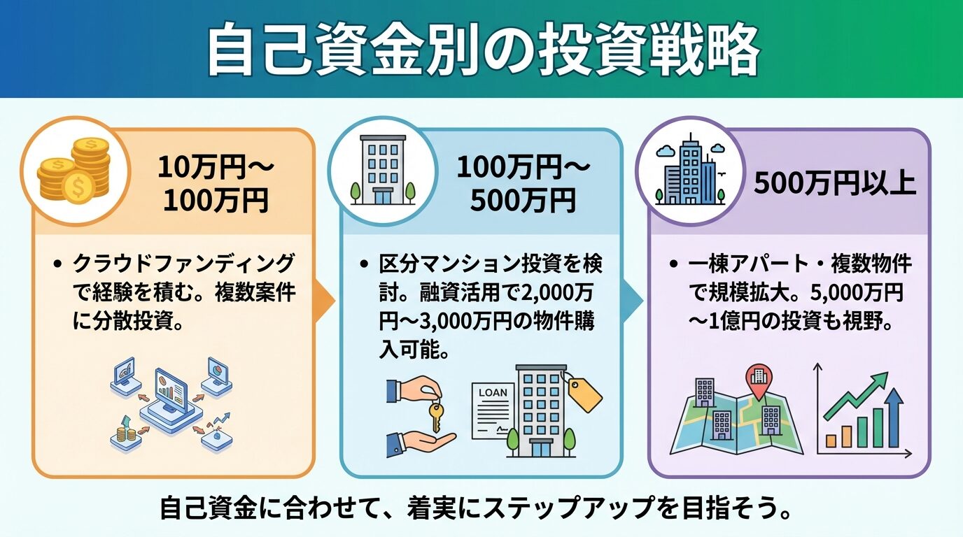 タイトル: 自己資金別の投資戦略。横並び3カードで: カード1（コインのアイコン）ヘッダー: 10万円〜100万円、説明: クラウドファンディングで経験を積む。複数案件に分散投資。カード2（ビルのアイコン）ヘッダー: 100万円〜500万円、説明: 区分マンション投資を検討。融資活用で2,000万円〜3,000万円の物件購入可能。カード3（複数ビルのアイコン）ヘッダー: 500万円以上、説明: 一棟アパート・複数物件で規模拡大。5,000万円〜1億円の投資も視野