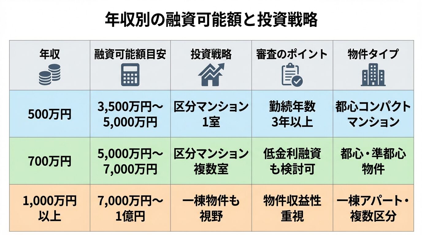 タイトル: 年収別の融資可能額と投資戦略。5列の表: ヘッダー行: 年収 | 融資可能額目安 | 投資戦略 | 審査のポイント | 物件タイプ。行1: 500万円 | 3,500万円〜5,000万円 | 区分マンション1室 | 勤続年数3年以上 | 都心コンパクトマンション。行2: 700万円 | 5,000万円〜7,000万円 | 区分マンション複数室 | 低金利融資も検討可 | 都心・準都心物件。行3: 1,000万円以上 | 7,000万円〜1億円 | 一棟物件も視野 | 物件収益性重視 | 一棟アパート・複数区分