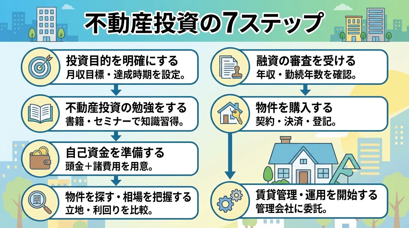 タイトル: 不動産投資の7ステップ。縦並びフロー図で: ステップ1（目標アイコン）投資目的を明確にする&rarr;月収目標・達成時期を設定。ステップ2（本アイコン）不動産投資の勉強をする&rarr;書籍・セミナーで知識習得。ステップ3（財布アイコン）自己資金を準備する&rarr;頭金＋諸費用を用意。ステップ4（虫眼鏡アイコン）物件を探す・相場を把握する&rarr;立地・利回りを比較。ステップ5（書類アイコン）融資の審査を受ける&rarr;年収・勤続年数を確認。ステップ6（家アイコン）物件を購入する&rarr;契約・決済・登記。ステップ7（歯車アイコン）賃貸管理・運用を開始する&rarr;管理会社に委託