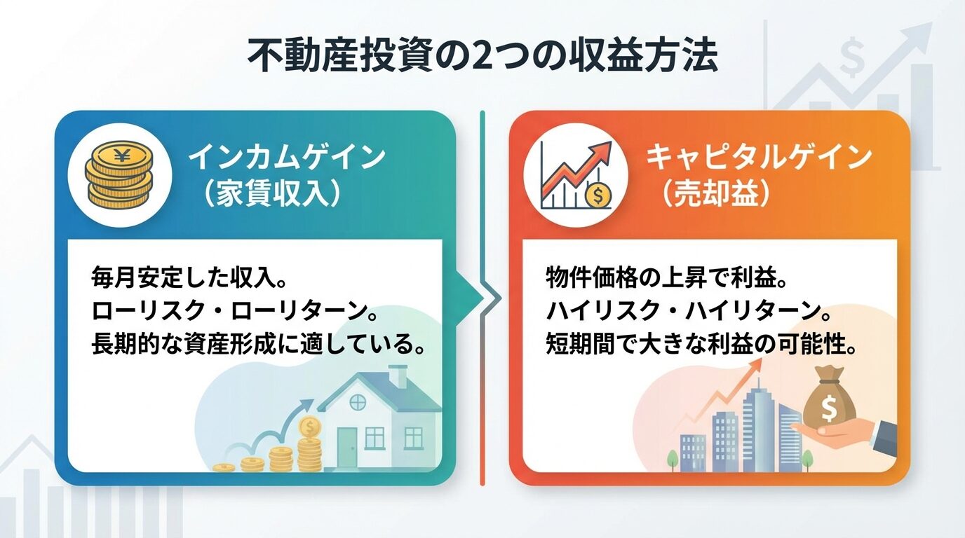 タイトル: 不動産投資の2つの収益方法。横並び2カードで: カード1（コインのアイコン）ヘッダー: インカムゲイン（家賃収入）、説明: 毎月安定した収入。ローリスク・ローリターン。長期的な資産形成に適している。カード2（グラフ上昇アイコン）ヘッダー: キャピタルゲイン（売却益）、説明: 物件価格の上昇で利益。ハイリスク・ハイリターン。短期間で大きな利益の可能性