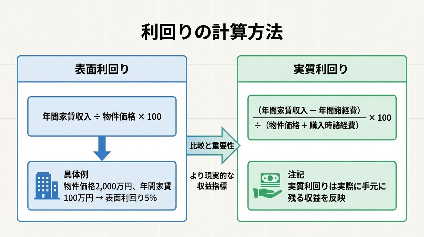 タイトル: 利回りの計算方法。2つの計算式を表示: 1つ目（表面利回り）計算式: 年間家賃収入 &divide; 物件価格 &times; 100。具体例: 物件価格2,000万円、年間家賃100万円 &rarr; 表面利回り5%。2つ目（実質利回り）計算式:（年間家賃収入 － 年間諸経費）&divide;（物件価格 ＋ 購入時諸経費）&times; 100。注記: 実質利回りは実際に手元に残る収益を反映