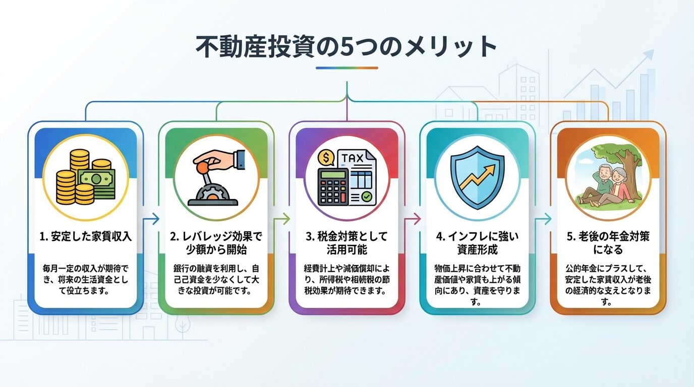 タイトル: 不動産投資の5つのメリット。横並び5カードで: カード1（コインのアイコン）安定した家賃収入。カード2（レバーのアイコン）レバレッジ効果で少額から開始。カード3（計算機のアイコン）税金対策として活用可能。カード4（盾のアイコン）インフレに強い資産形成。カード5（老人のアイコン）老後の年金対策になる
