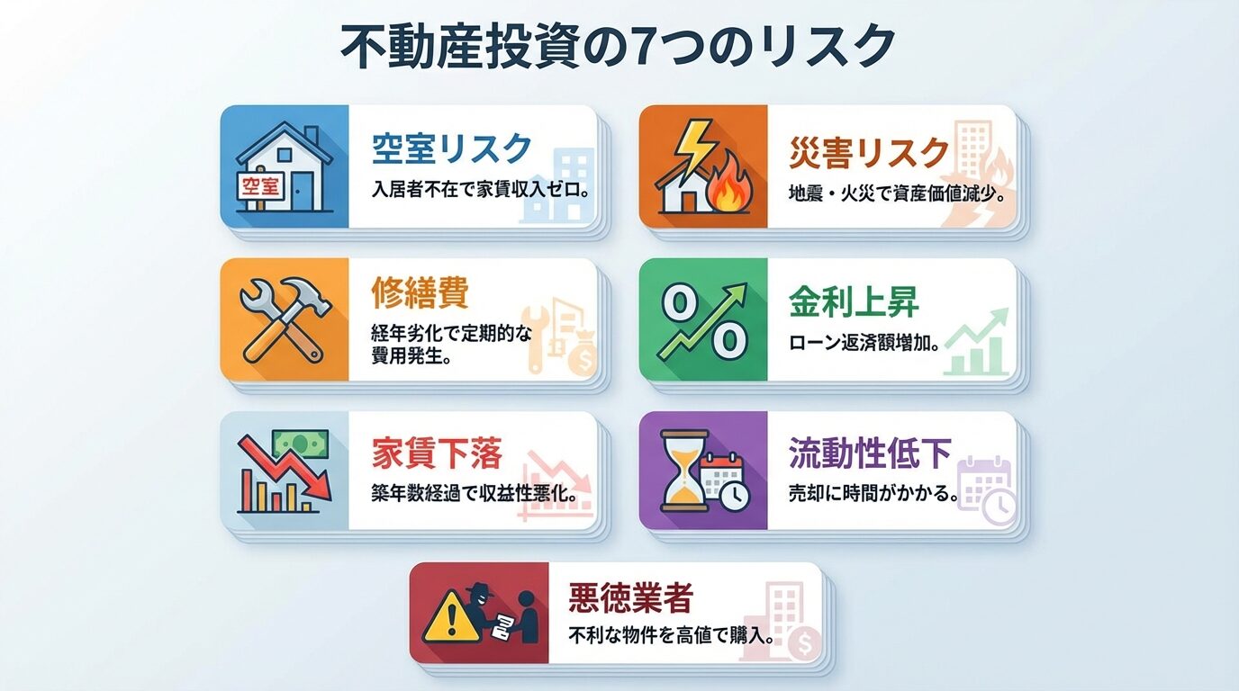 タイトル: 不動産投資の7つのリスク。縦並び7カードで: カード1(空室アイコン)ヘッダー: 空室リスク、説明: 入居者不在で家賃収入ゼロ。カード2(工具アイコン)ヘッダー: 修繕費、説明: 経年劣化で定期的な費用発生。カード3(下矢印アイコン)ヘッダー: 家賃下落、説明: 築年数経過で収益性悪化。カード4(雷アイコン)ヘッダー: 災害リスク、説明: 地震・火災で資産価値減少。カード5(%アイコン)ヘッダー: 金利上昇、説明: ローン返済額増加。カード6(時計アイコン)ヘッダー: 流動性低下、説明: 売却に時間がかかる。カード7(警告アイコン)ヘッダー: 悪徳業者、説明: 不利な物件を高値で購入