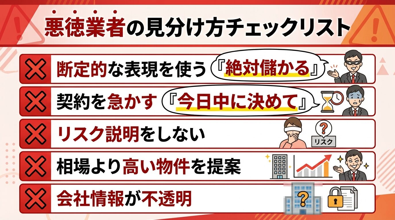 タイトル: 悪徳業者の見分け方チェックリスト。5項目の縦並びリスト: 項目1(×マーク)断定的な表現を使う「絶対儲かる」。項目2(×マーク)契約を急かす「今日中に決めて」。項目3(×マーク)リスク説明をしない。項目4(×マーク)相場より高い物件を提案。項目5(×マーク)会社情報が不透明