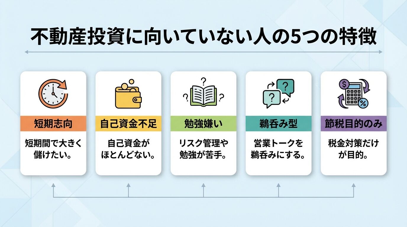 タイトル: 不動産投資に向いていない人の5つの特徴。横並び5カードで: カード1(時計アイコン)ヘッダー: 短期志向、説明: 短期間で大きく儲けたい。カード2(財布アイコン)ヘッダー: 自己資金不足、説明: 自己資金がほとんどない。カード3(本アイコン)ヘッダー: 勉強嫌い、説明: リスク管理や勉強が苦手。カード4(会話アイコン)ヘッダー: 鵜呑み型、説明: 営業トークを鵜呑みにする。カード5(税金アイコン)ヘッダー: 節税目的のみ、説明: 税金対策だけが目的
