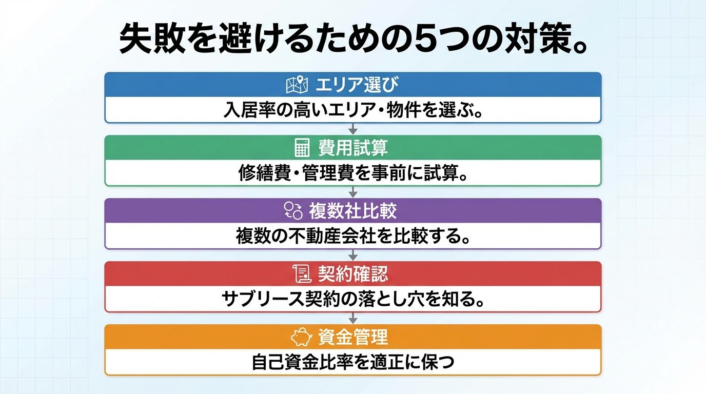 タイトル: 失敗を避けるための5つの対策。縦並び5ステップで: ステップ1(地図アイコン)ヘッダー: エリア選び、説明: 入居率の高いエリア・物件を選ぶ。ステップ2(電卓アイコン)ヘッダー: 費用試算、説明: 修繕費・管理費を事前に試算。ステップ3(比較アイコン)ヘッダー: 複数社比較、説明: 複数の不動産会社を比較する。ステップ4(契約書アイコン)ヘッダー: 契約確認、説明: サブリース契約の落とし穴を知る。ステップ5(貯金箱アイコン)ヘッダー: 資金管理、説明: 自己資金比率を適正に保つ